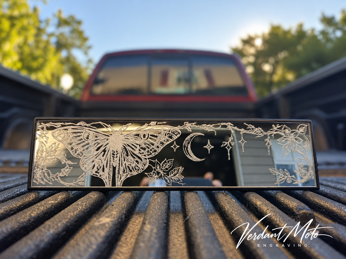 Moonlit Moth - Hand-engraved decorative rearview mirror