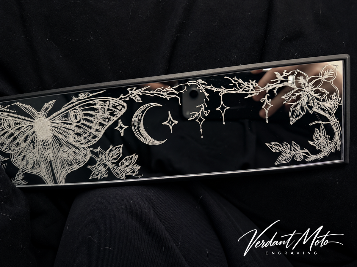 Moonlit Moth - Hand-engraved decorative rearview mirror