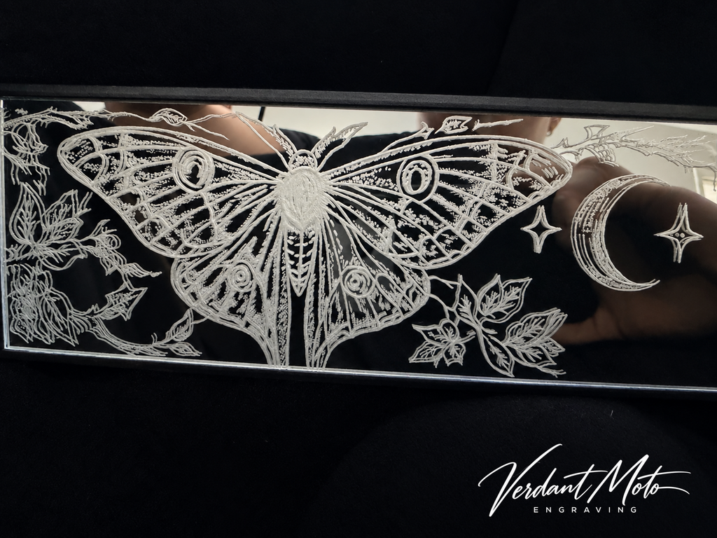 Moonlit Moth - Hand-engraved decorative rearview mirror