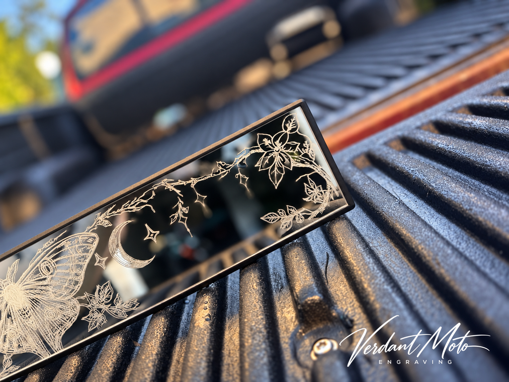 Moonlit Moth - Hand-engraved decorative rearview mirror