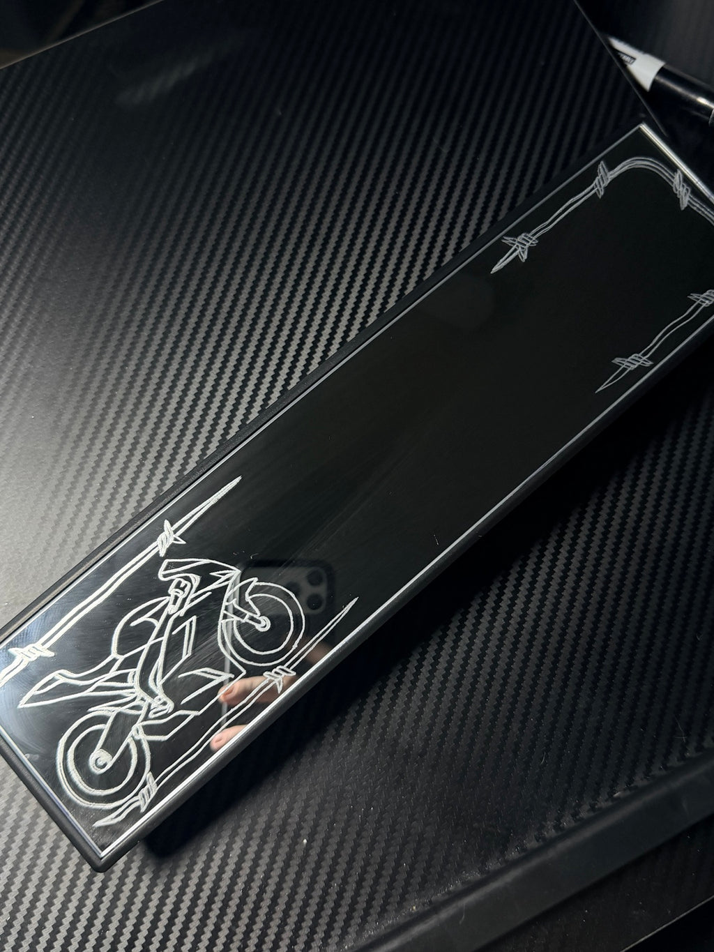 Full motorcycle and barbed wire hand-engraved rearview mirror