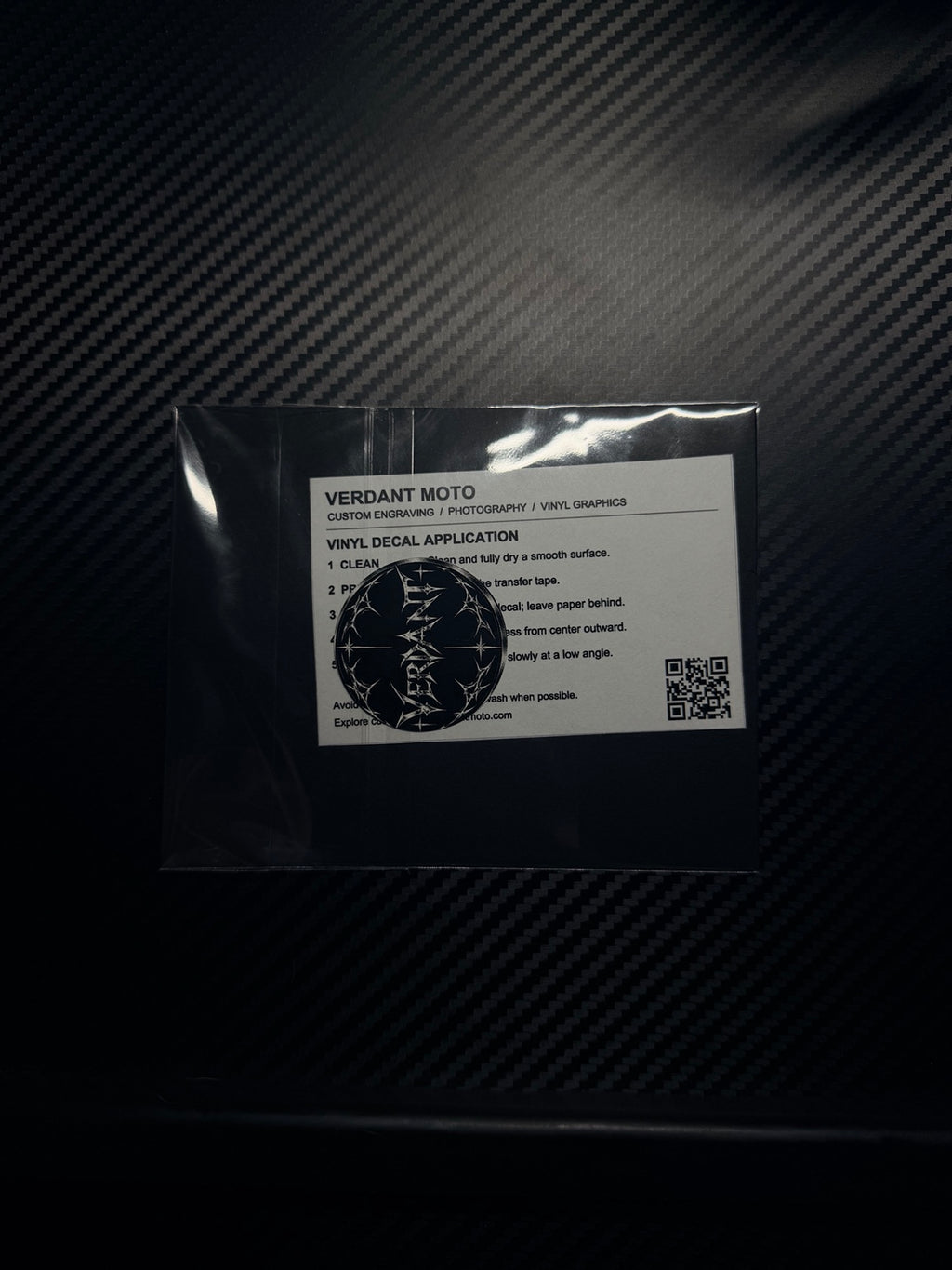 Verdant Moto decal packaging and instructions