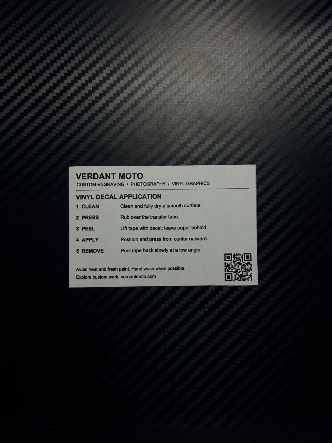 Included vinyl decal application and care instructions