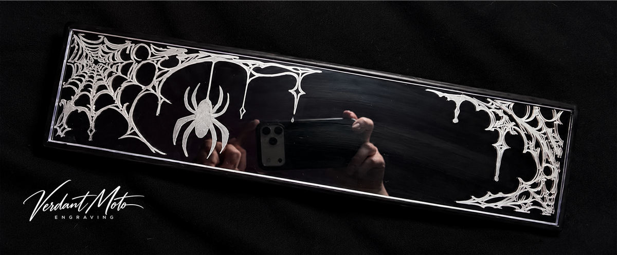 Hand-Engraved Spiderweb Rearview Mirror - 12” Adjustable