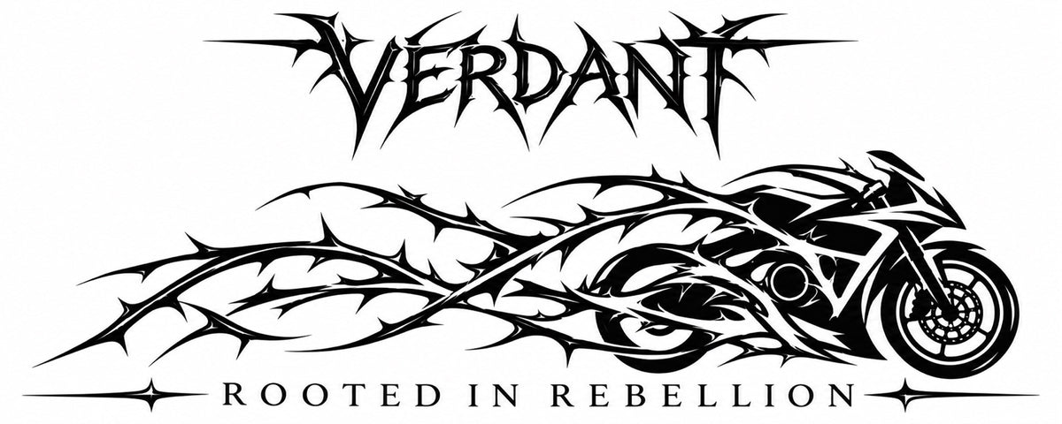 Actual cut artwork for Verdant moto tee: Verdant front wordmark and Rooted in Rebellion motorcycle and thorn back graphic