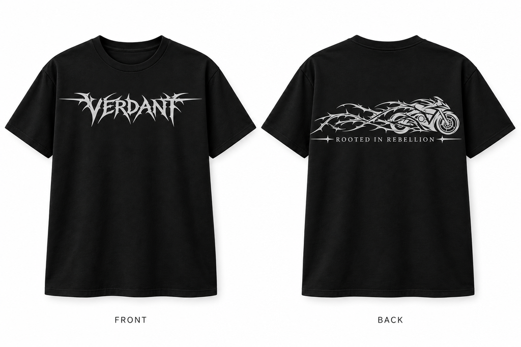 Design mockup: solid black Verdant tee, silver front wordmark and Rooted in Rebellion motorcycle back artwork.