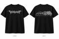 Design mockup: solid black Verdant tee, silver front wordmark and Rooted in Rebellion motorcycle back artwork.